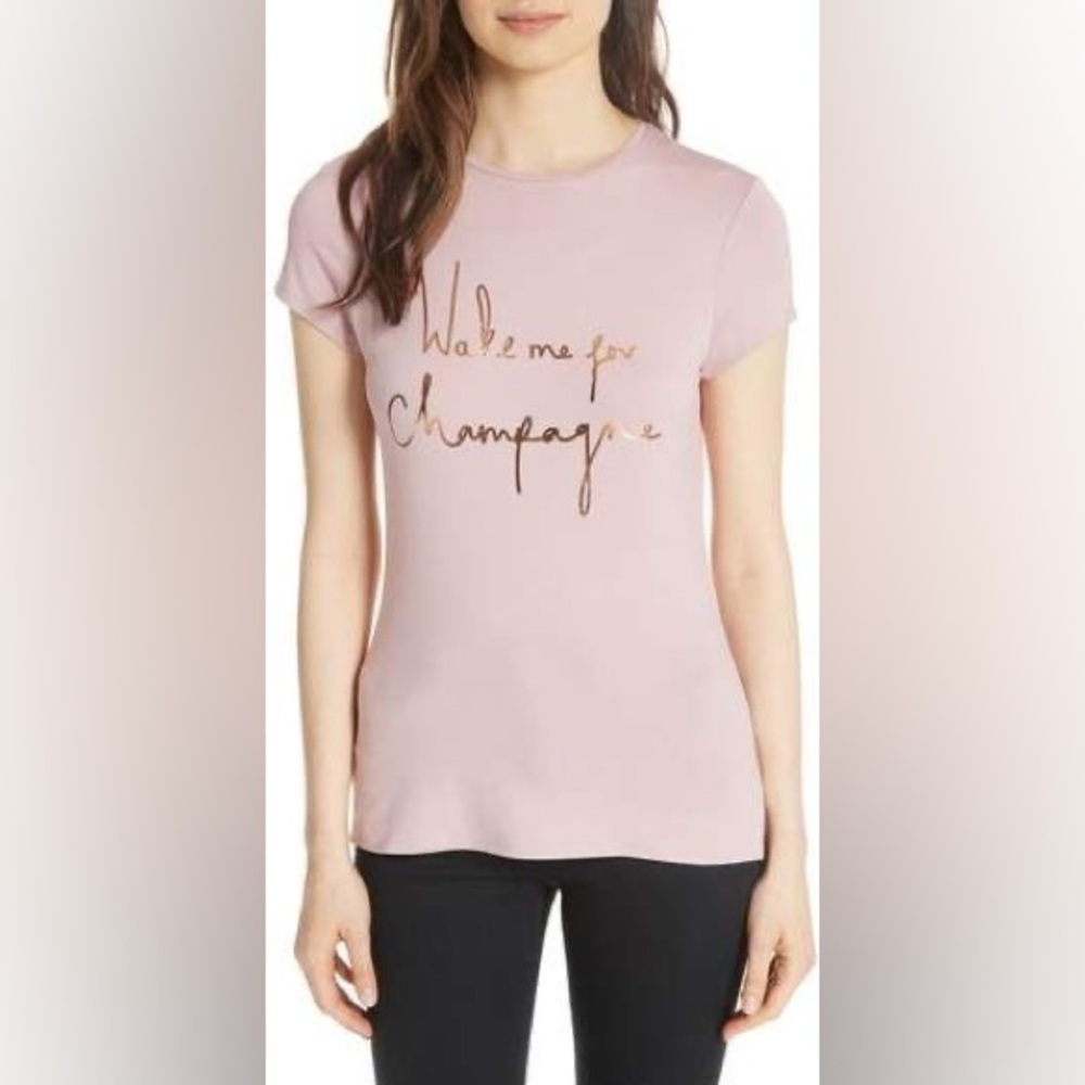 TED BAKER‎ Wake Me For Champagne Crew Neck Tee Top Pink Size 3 (US 8) (Medium)